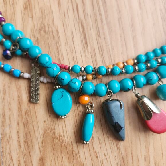 Boho Layered Turquoise Charm Statement Necklace Multicolor Bead Bib Festival 25" - Picture 6 of 8